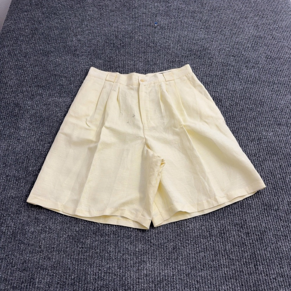 Vintage Linen Shorts Womens 14 Yellow Pleated High Waist David N Petites Summer